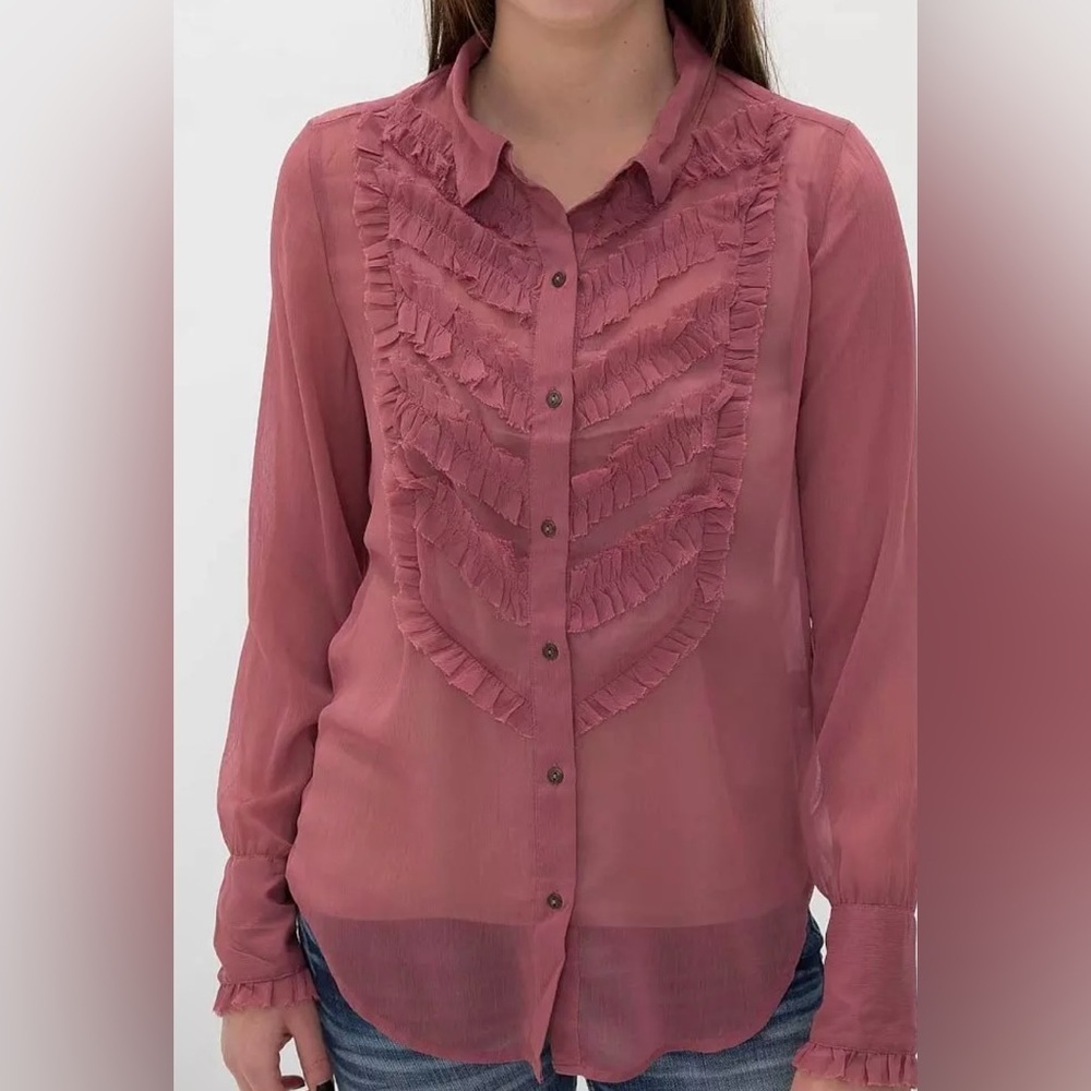 Free People Mauve Ruffle Detailed Long Sleeve Button Down Blouse - Size S
